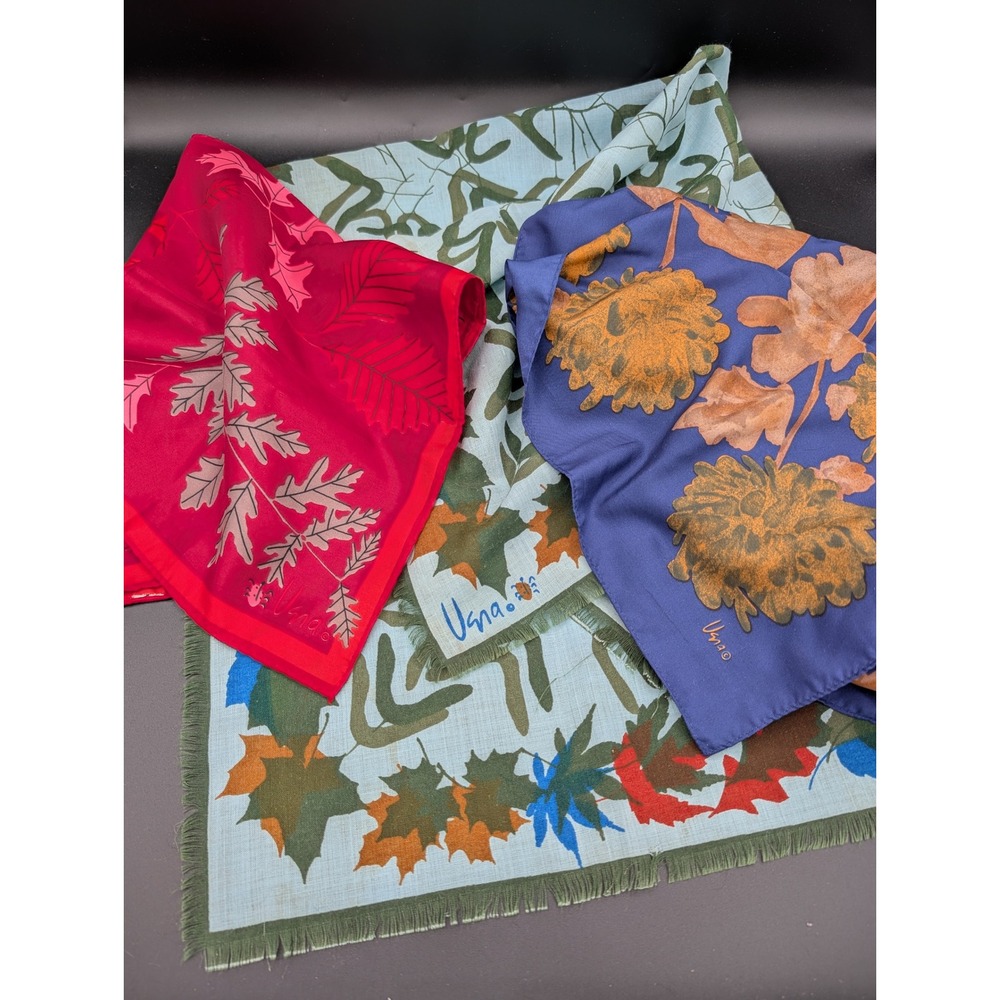VTG Vera Neumann Scarf Lot 3pc Signed Botanical Floral Retro Mod Red Blue Green